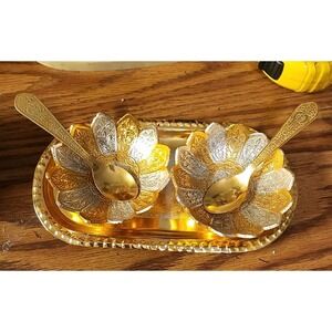Vintage Silver And Gold Plate Engraved Bowl Set W/ Tray And Spoons, Rare